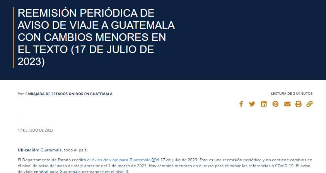 Estados Unidos emite advertencia de viaje para Guatemala