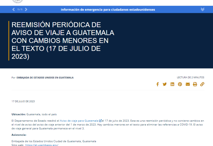 Estados Unidos emite advertencia de viaje para Guatemala