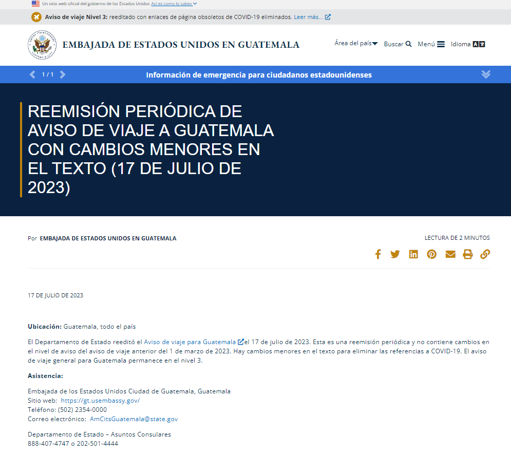 Estados Unidos emite advertencia de viaje para Guatemala