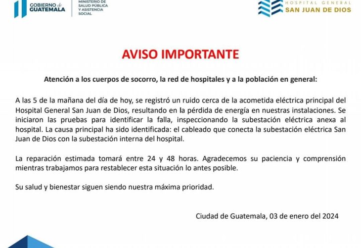 Hospital San Juan de Dios aborda Falla en Suministro Eléctrico: de 24 a 48 horas para reparación