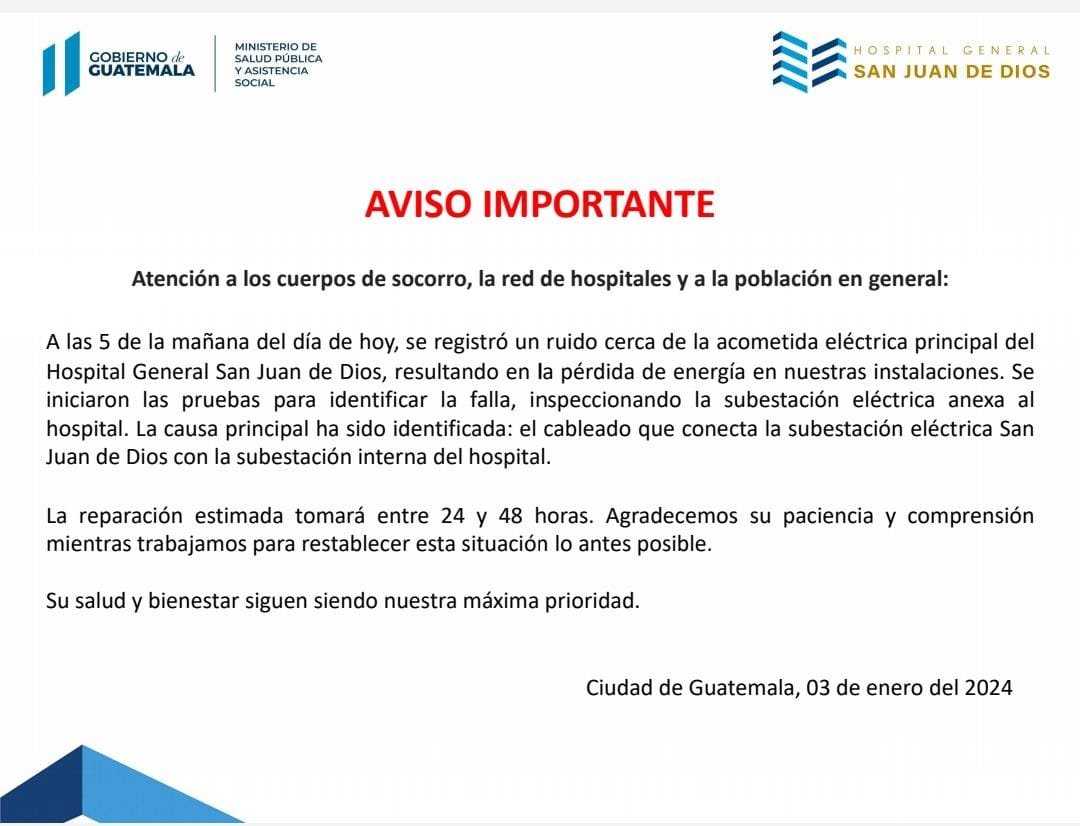 Hospital San Juan de Dios aborda Falla en Suministro Eléctrico: de 24 a 48 horas para reparación